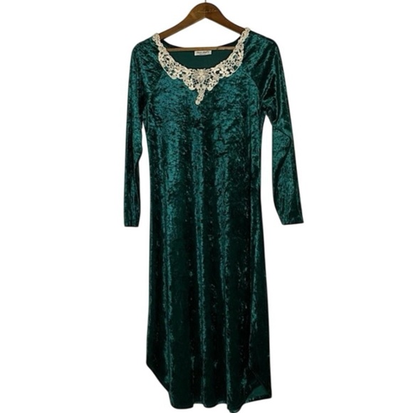 Vintage Emerald Green Crushed Velvet Long Sleeve Dress Lace Collar Size S - Picture 1 of 6